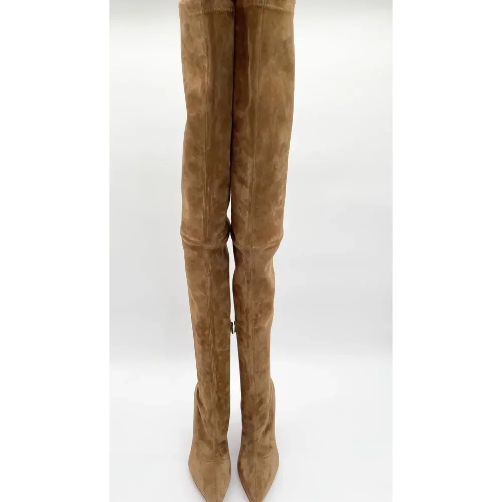 Christian Louboutin Condora Botta Alta Camel Tan Suede Thigh High Boots EU 37